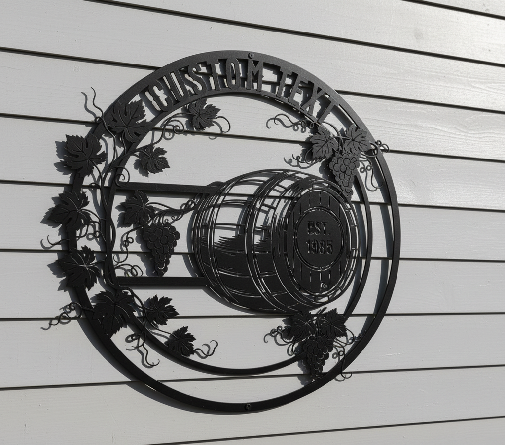 Personalized round wine barrel metal sign with grapevines, name and year – image 7