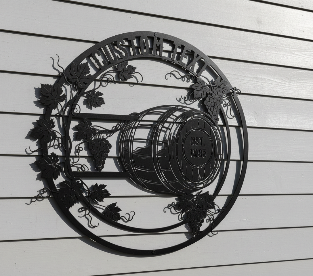 Personalized round wine barrel metal sign with grapevines, name and year – image 7