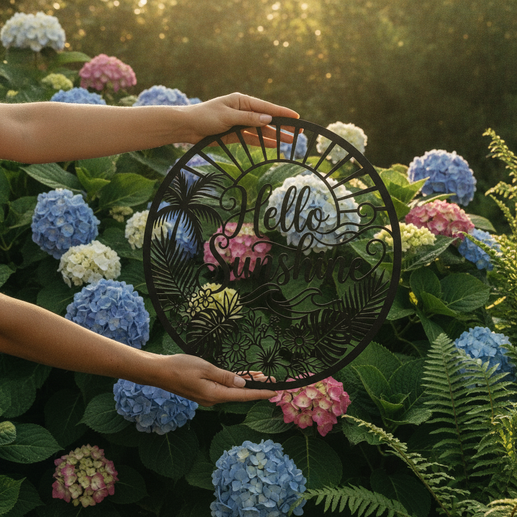 Rundes Metallschild Hello Sunshine mit Palmen, Sonne und Meer aus schwarzem Stahl – Bild 5