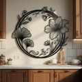 Round ginkgo leaf and flower wreath metal wall art in black steel