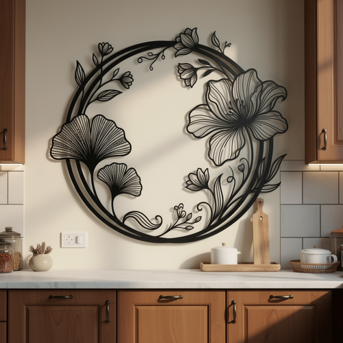 Blumenkranz mit Ginkgoblättern Metall Wanddeko rund – Bild 1