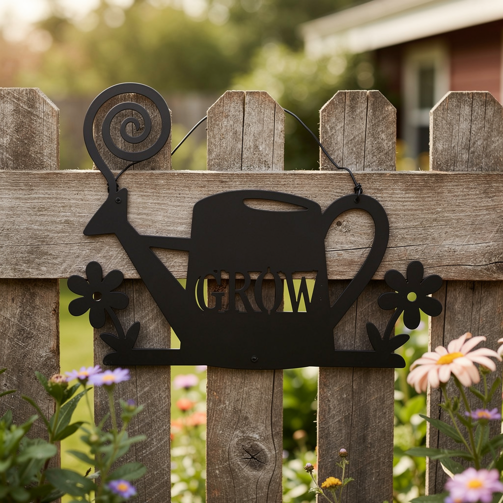 Metallschild Gießkanne mit Blumen aus schwarzem Stahl als Gartendeko – Bild 3