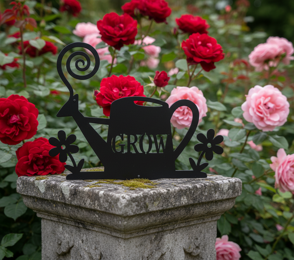 Metallschild Gießkanne mit Blumen aus schwarzem Stahl als Gartendeko – Bild 10