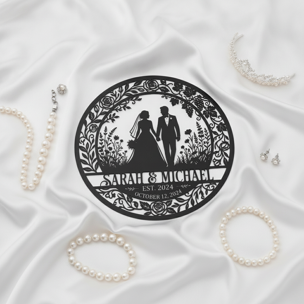 Personalized bride and groom silhouette metal sign with names and wedding date – image 9
