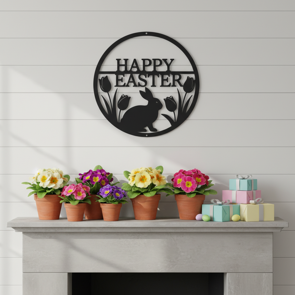 Rundes Osterhase Metallschild mit Tulpen und Happy Easter aus schwarzem Stahl – Bild 4