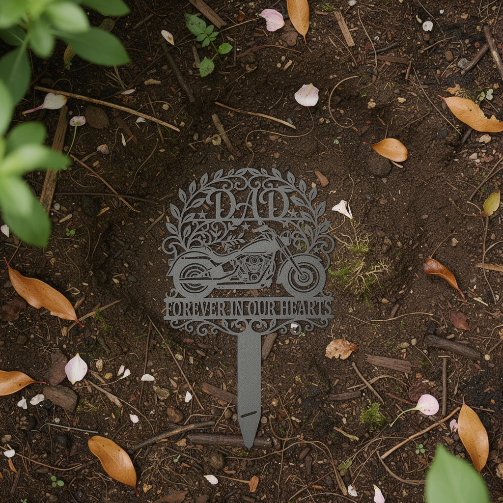 Dad motorcycle memorial garden stake in black steel for a biker father – image 8