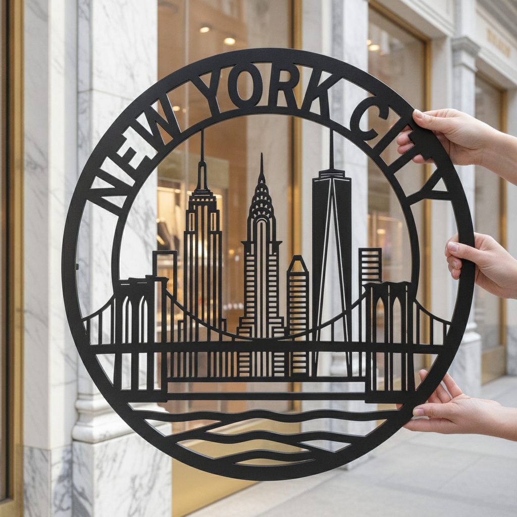 Round New York City skyline metal sign with Manhattan silhouette in black steel – image 9