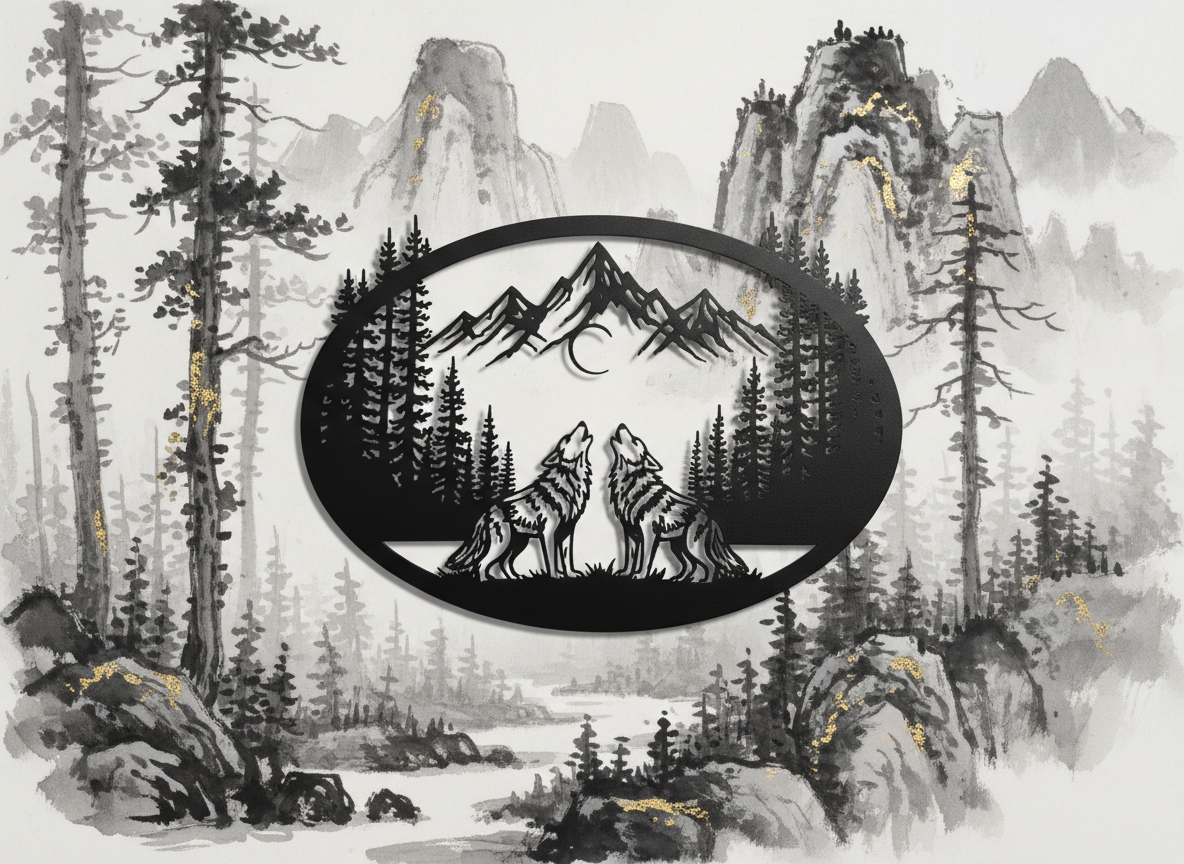 Oval howling wolves metal wall art with mountains and crescent moon in black steel – image 2