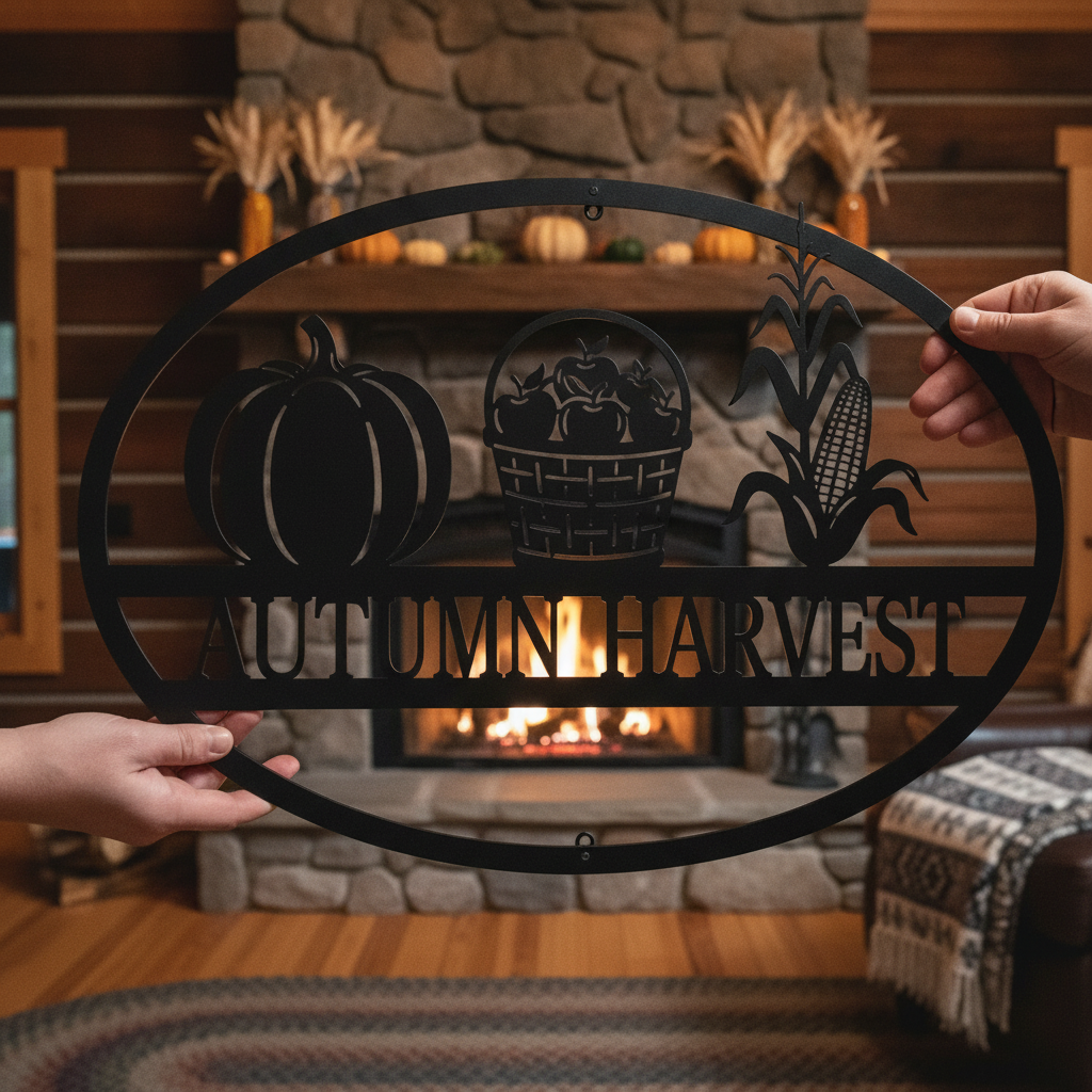 Oval Autumn Harvest metal sign with pumpkins and fall leaves in black steel – image 7