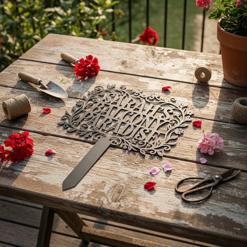 Personalisierter Gartenstecker Balcony Paradise mit Blumenrahmen und Namen aus schwarzem Stahl – Bild 10
