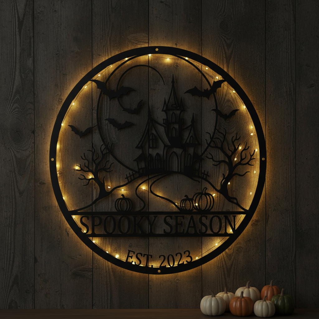 Personalisiertes Halloween Schild mit Spukhaus und Spooky Season aus schwarzem Stahl – Bild 7