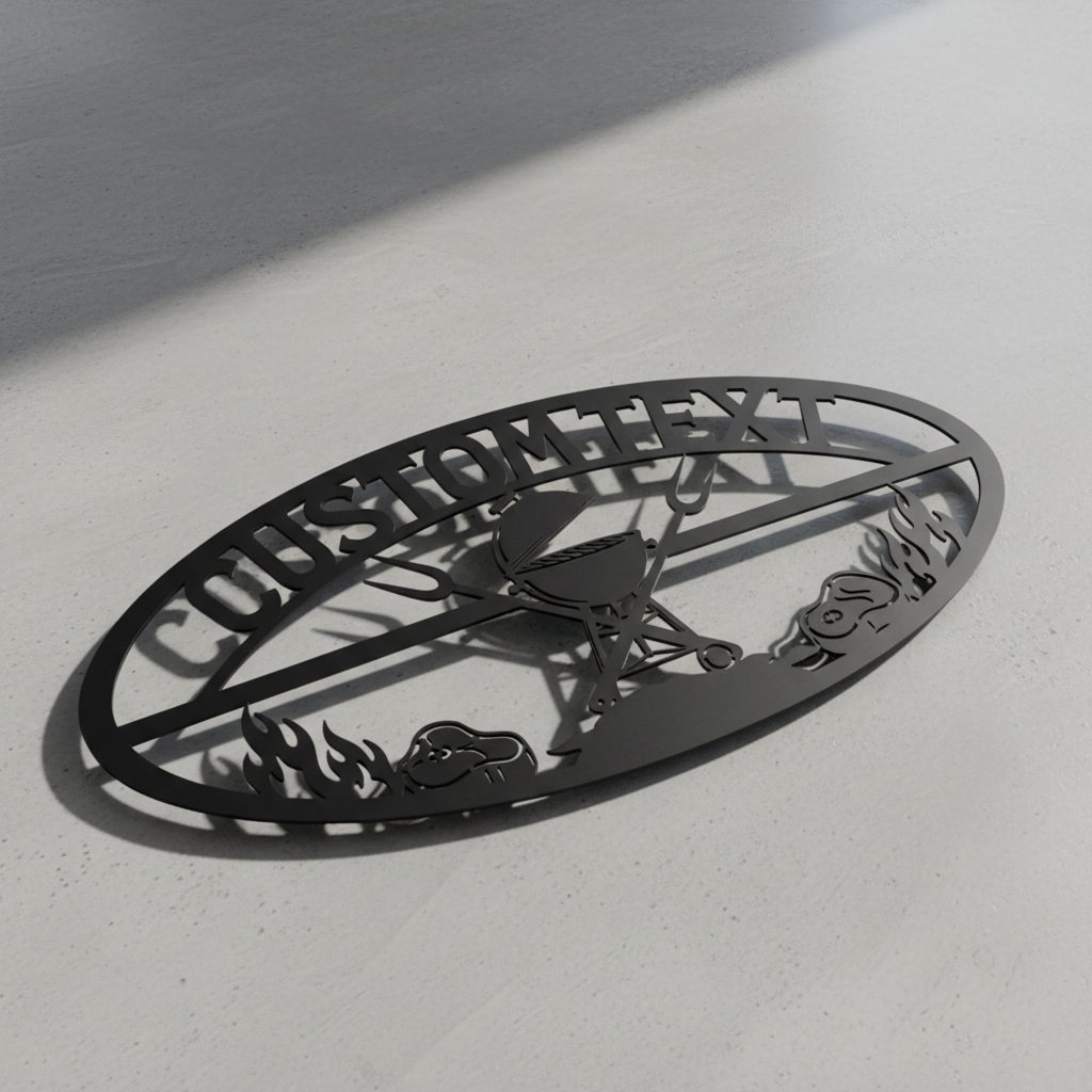 Personalized oval BBQ grill sign with steaks and name in black steel – image 7