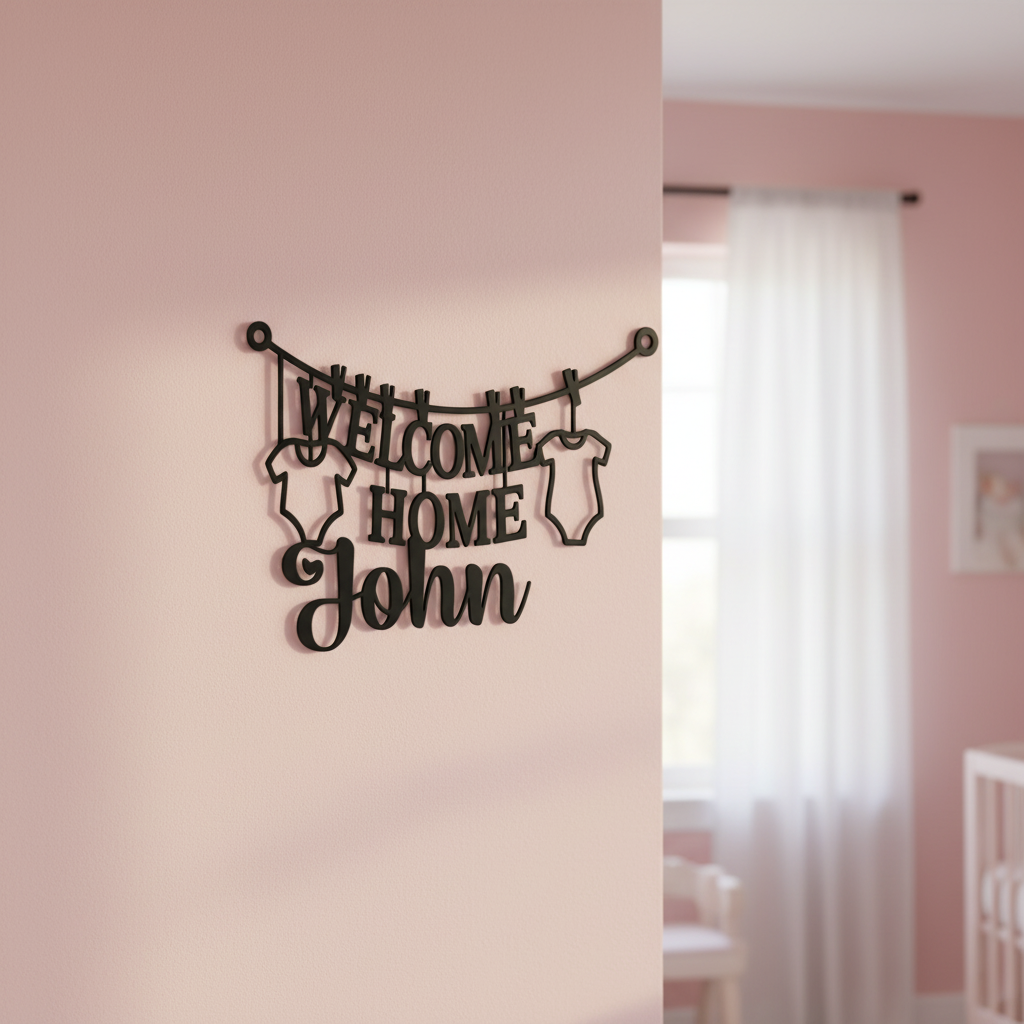 Personalisiertes Babyschild Welcome Home Baby mit Wäscheleine, Namen und Geburtsdaten – Bild 3