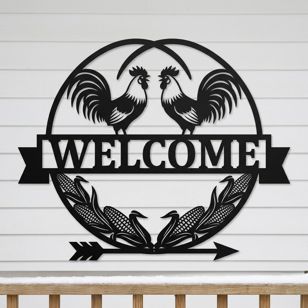 Round rooster welcome sign with corn cobs in black steel – image 2