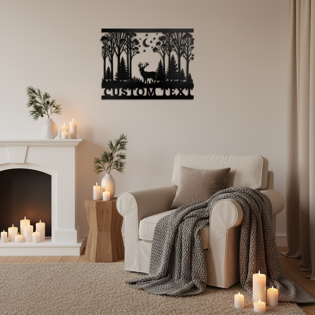 Personalized deer in night forest metal sign with crescent moon in black steel – image 10