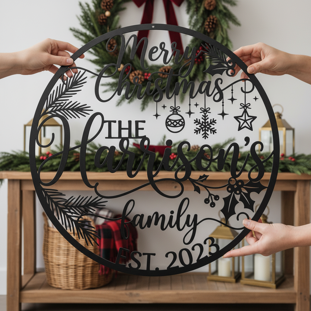 Personalisiertes Familienschild Merry Christmas mit Familienname aus schwarzem Stahl – Bild 10