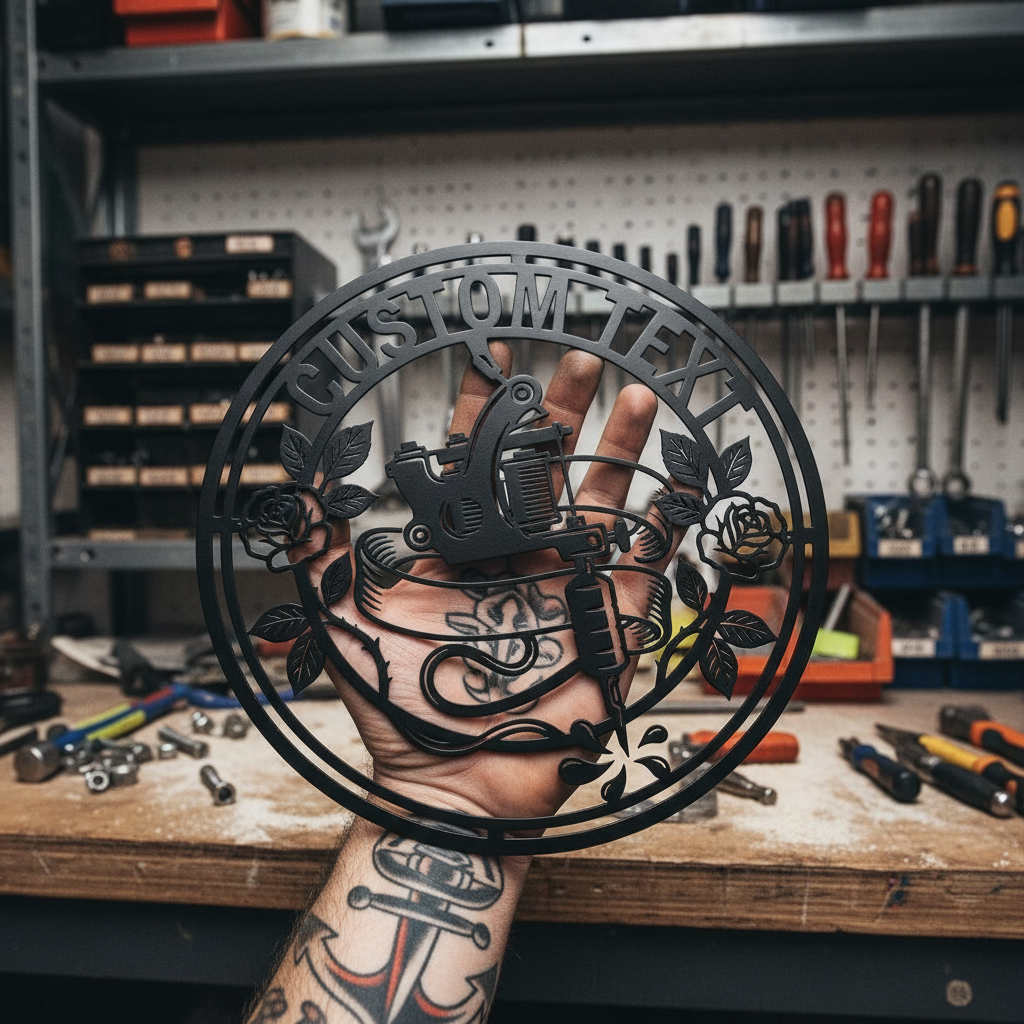 Personalisiertes rundes Tattoostudio Schild mit Tattoomaschine und Rose aus schwarzem Stahl