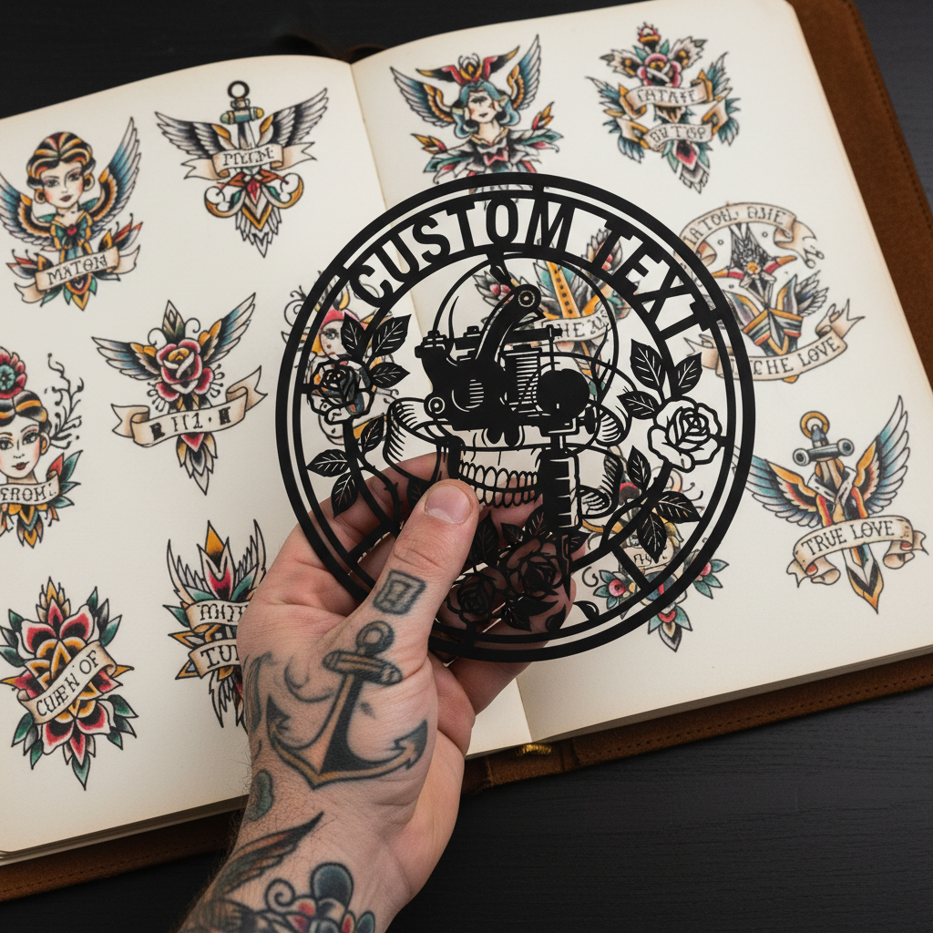 Personalisiertes rundes Tattoostudio Schild mit Totenkopf, Rose und Tattoomaschine