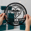 Personalized Compassionate Care nurse sign with caduceus and name in black steel