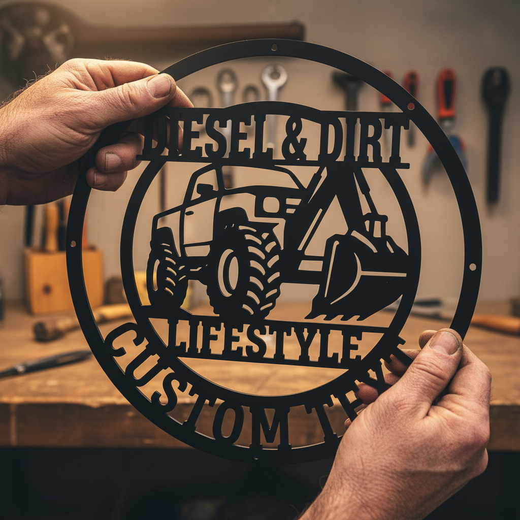 Personalized excavator metal sign Diesel and Dirt with name in black steel – image 10