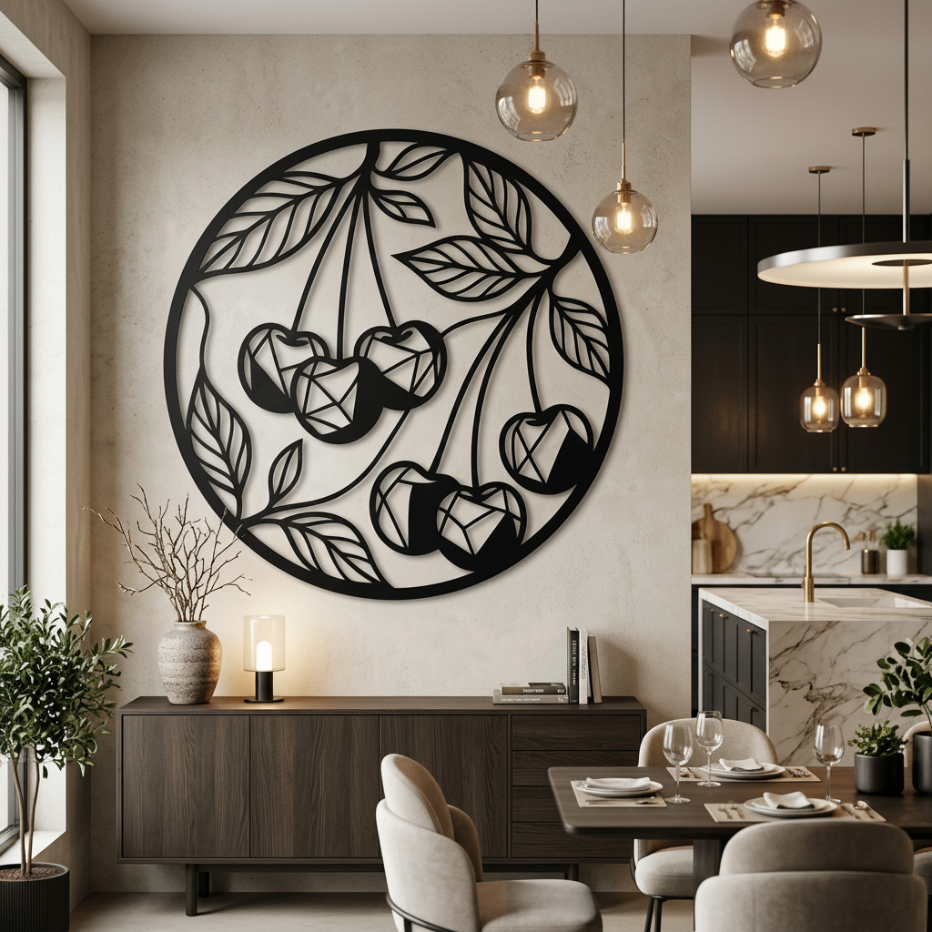 Personalized cherry kitchen sign with botanical fruit and name in black steel – image 4
