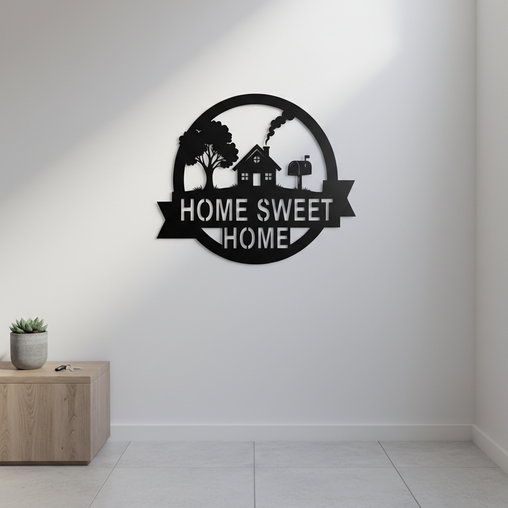 Round Home Sweet Home metal sign with house and mailbox in black steel – image 4