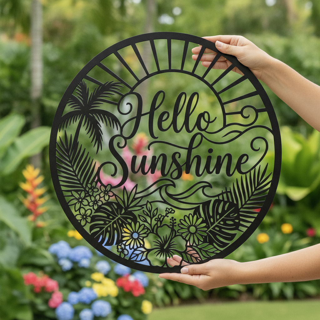 Hello Sunshine tropischer Strand Metallschild rund – Bild 1