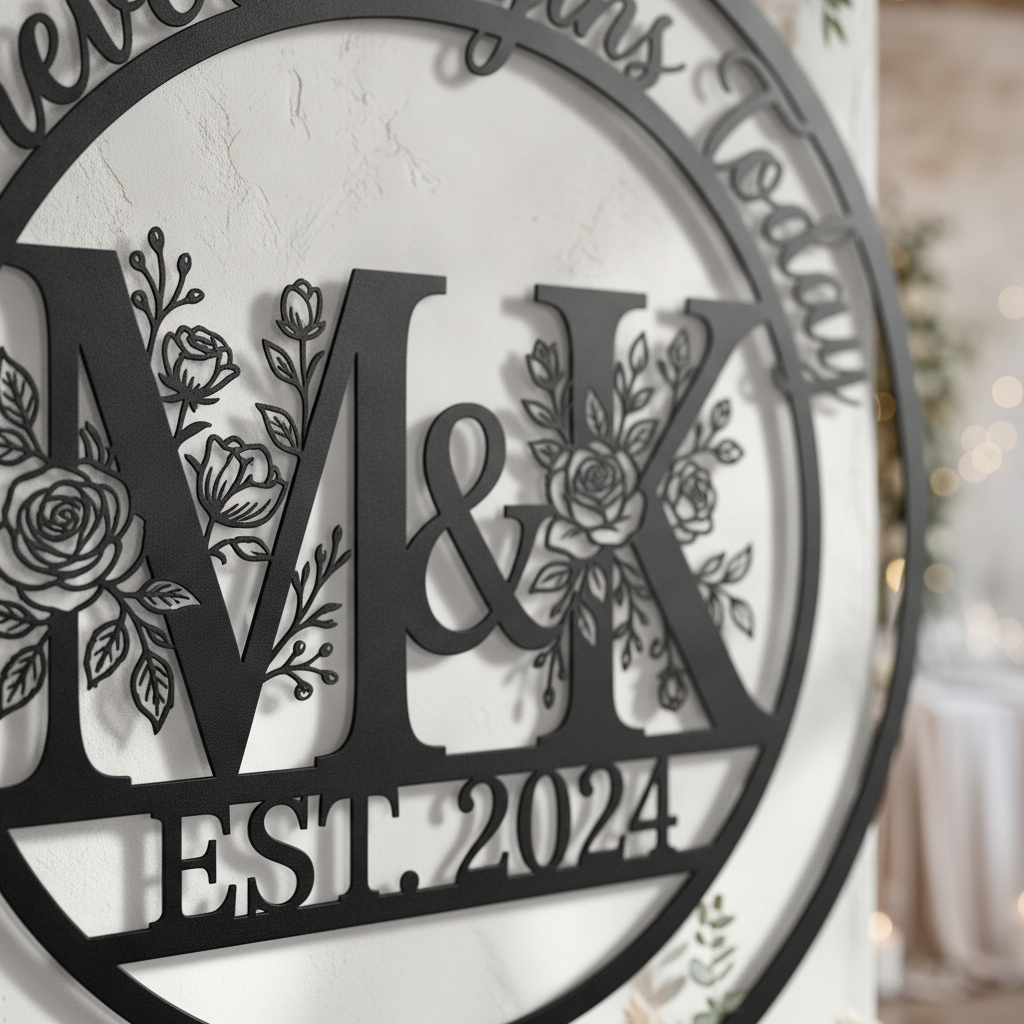 Personalisiertes Hochzeitsschild Forever Begins Today mit Monogramm, Namen und Datum – Bild 6