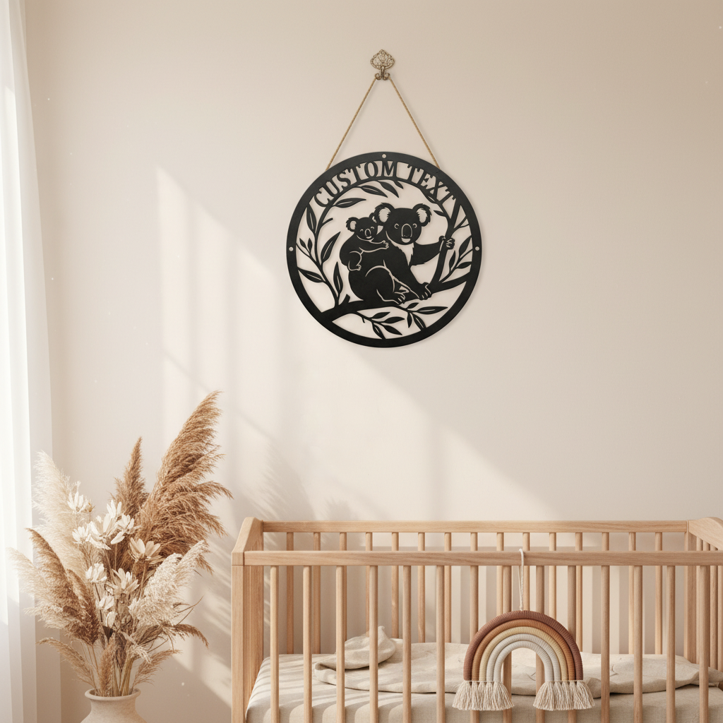 Personalized round koala baby name sign with eucalyptus in black steel – image 4