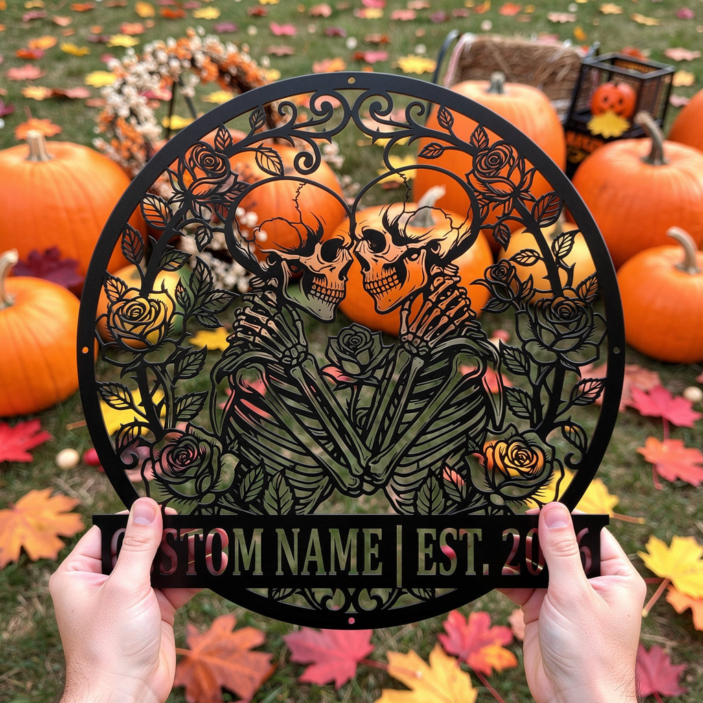 Personalisiertes Skelett-Paar Halloween Metallschild – Bild 9