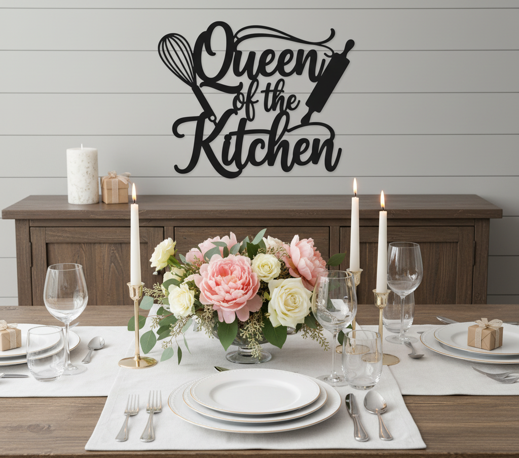 Queen of the Kitchen Metallschild mit Schneebesen und Nudelholz – Bild 5