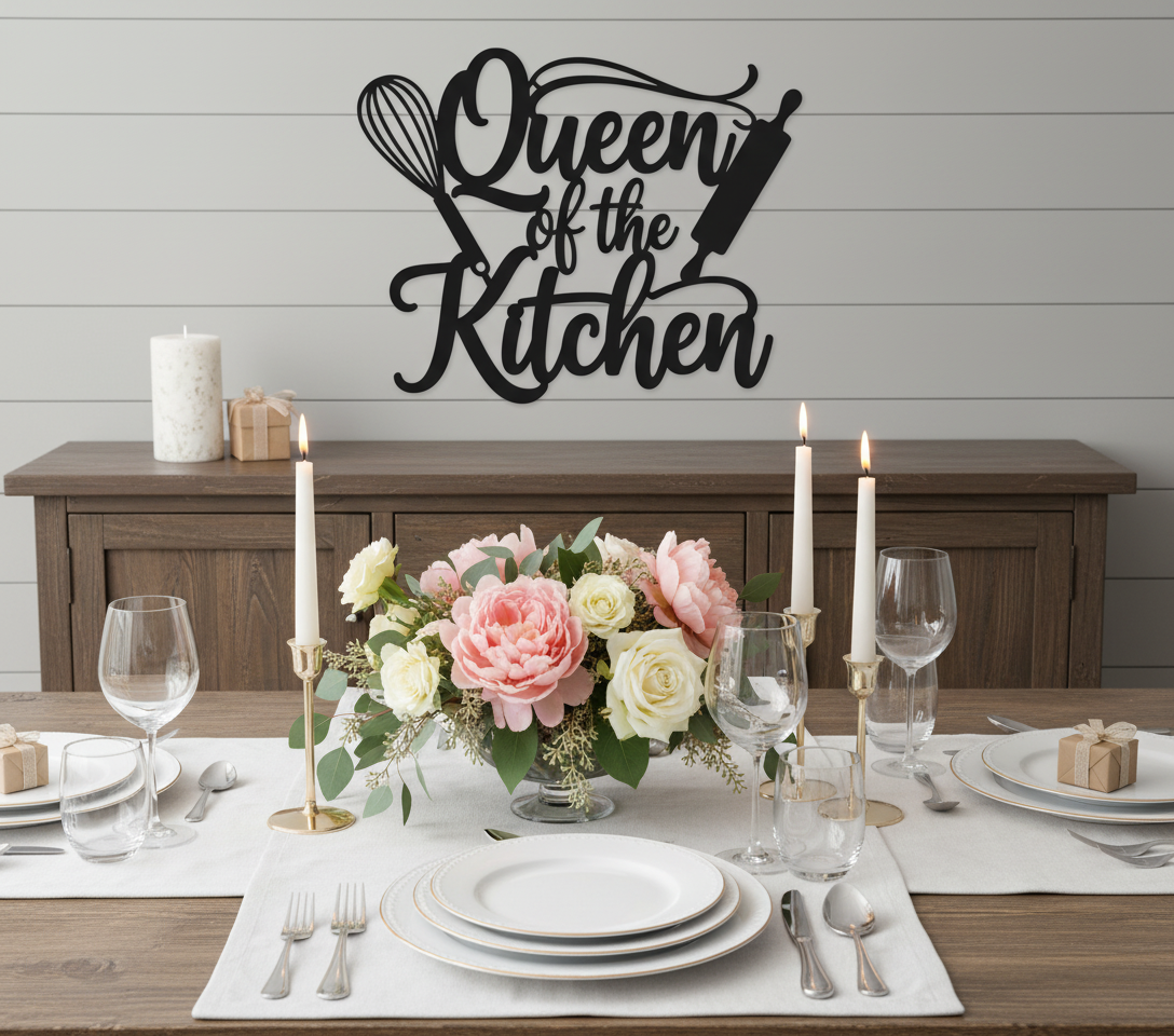 Queen of the Kitchen Metallschild mit Schneebesen und Nudelholz – Bild 5