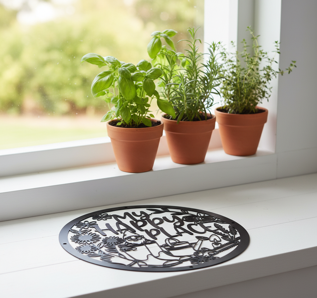 Round My Happy Place garden gnome sign with flowers in black steel – image 5