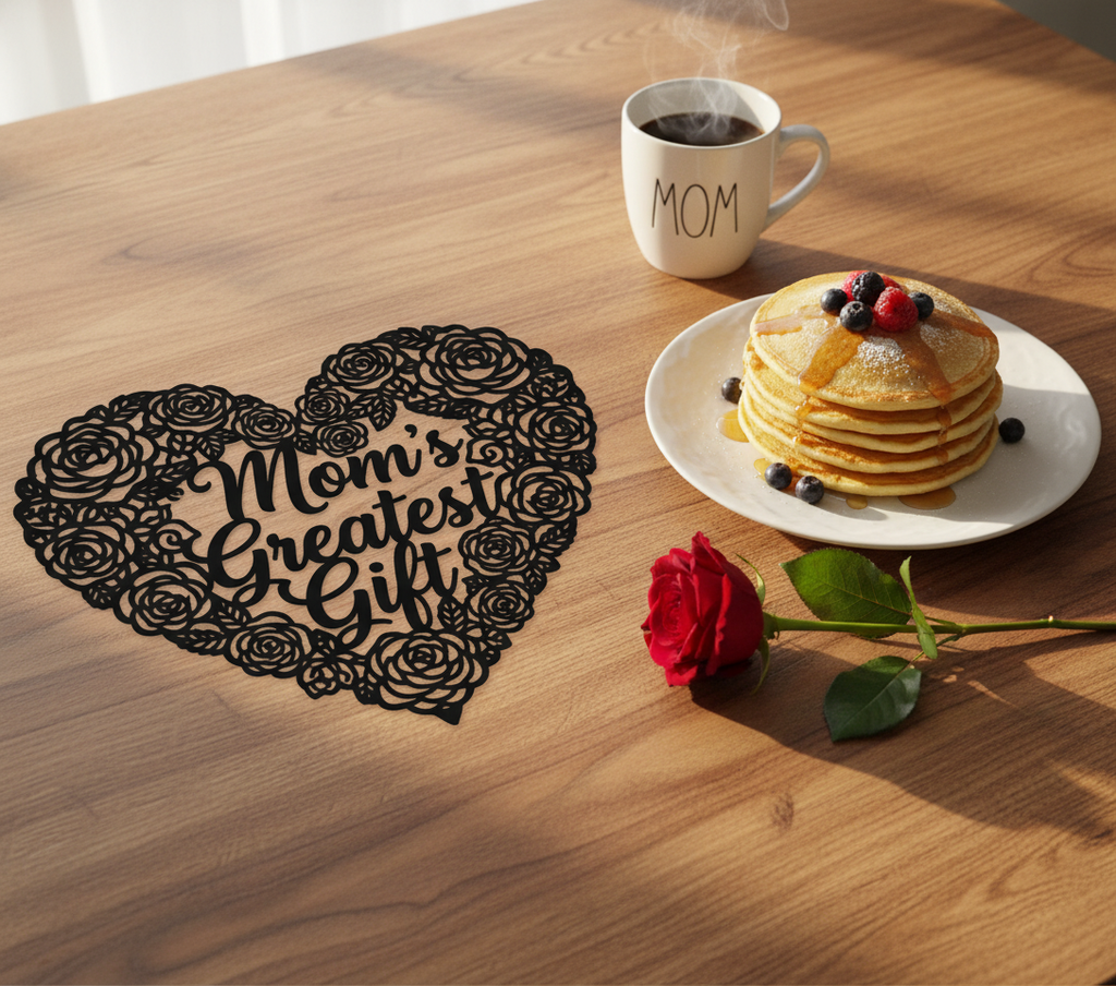 Mom’s Greatest Gift metal sign with rose inside a heart in black steel – image 9
