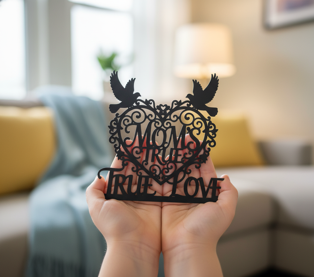 Metallschild Mom’s True Love mit Herz und zwei Tauben aus schwarzem Stahl – Bild 4