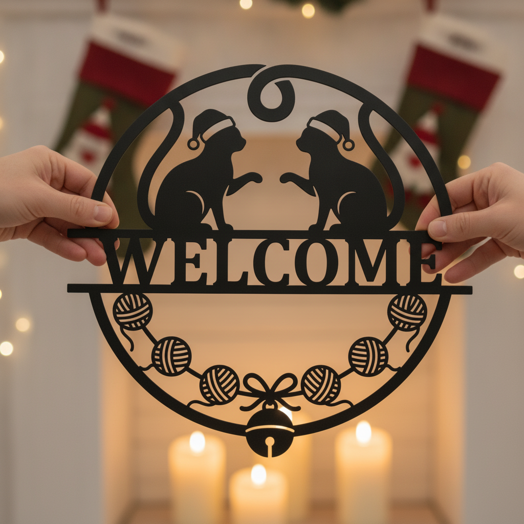 Personalisiertes Weihnachtskatze Willkommensschild mit Namen aus schwarzem Stahl – Bild 2