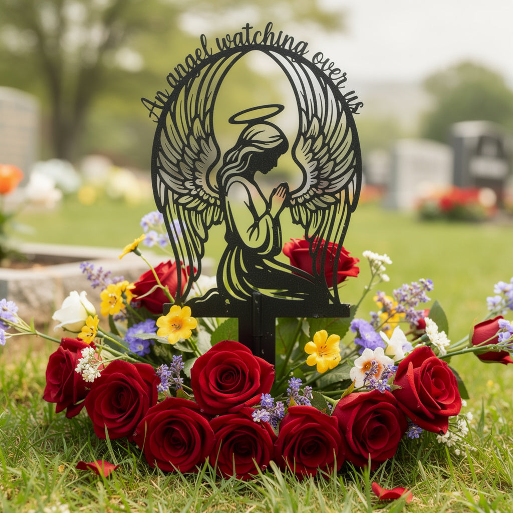 Guardian angel memorial stake with spread wings, An Angel Watching Over Us, black steel – image 6