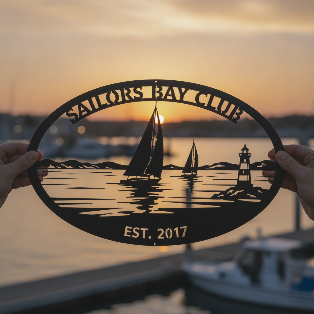 Personalized oval sailing club sign with sailboat and lighthouse in black steel – image 10