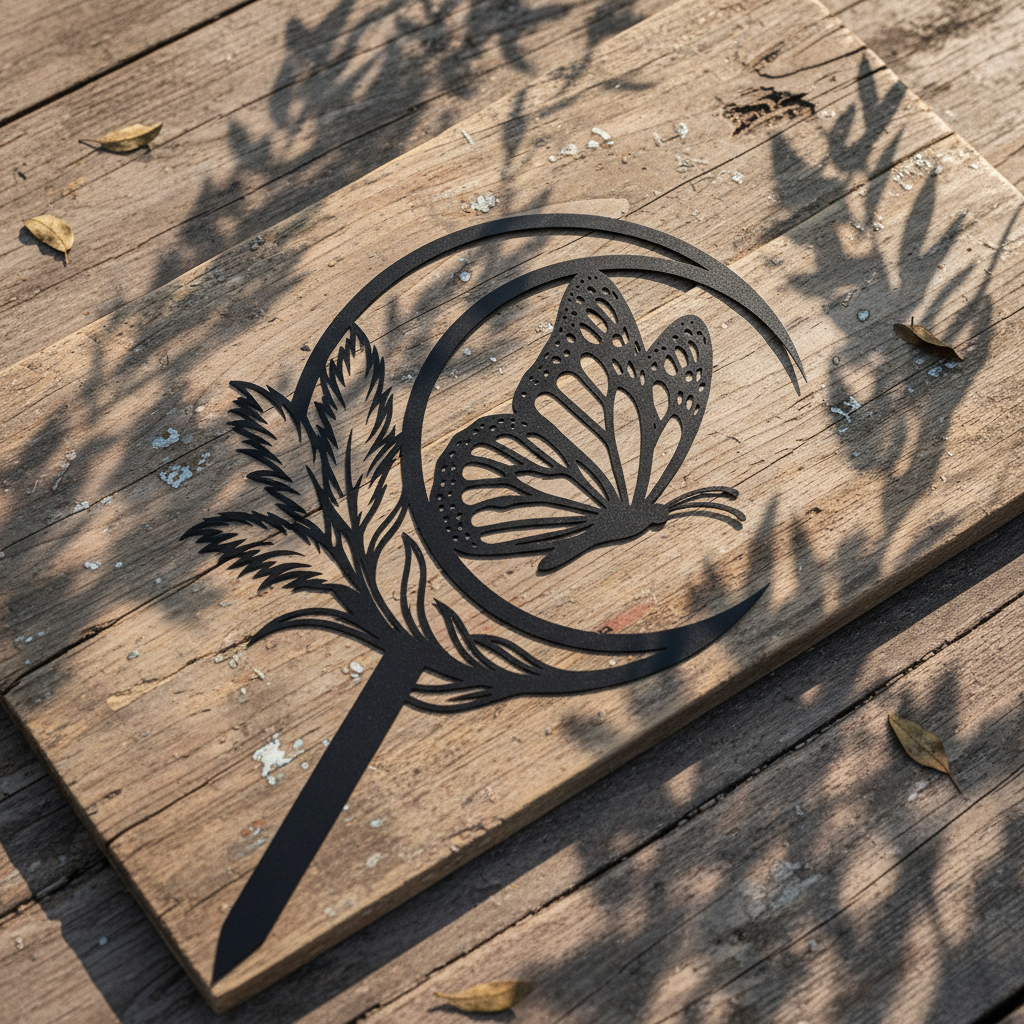 Butterfly with crescent moon and feather garden stake in black steel – image 2