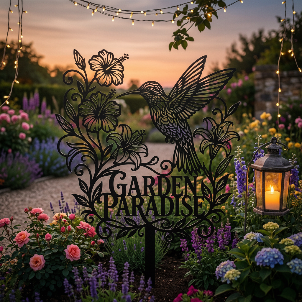 Kolibri Gartenparadies mit Hibiskus und Lilien Gartenstecker – Bild 10