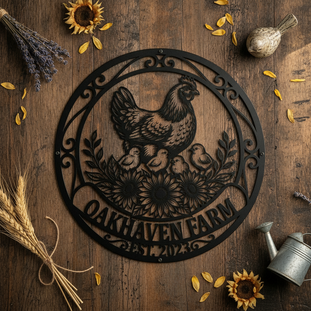 Personalisiertes Hofschild rund mit Henne, Küken und Sonnenblumen – Bild 6