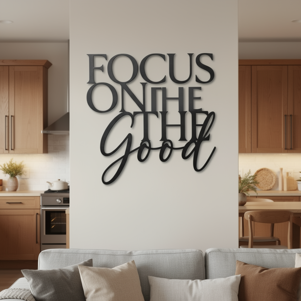 Focus on the good metal word sign in black steel as inspirational wall art – image 3