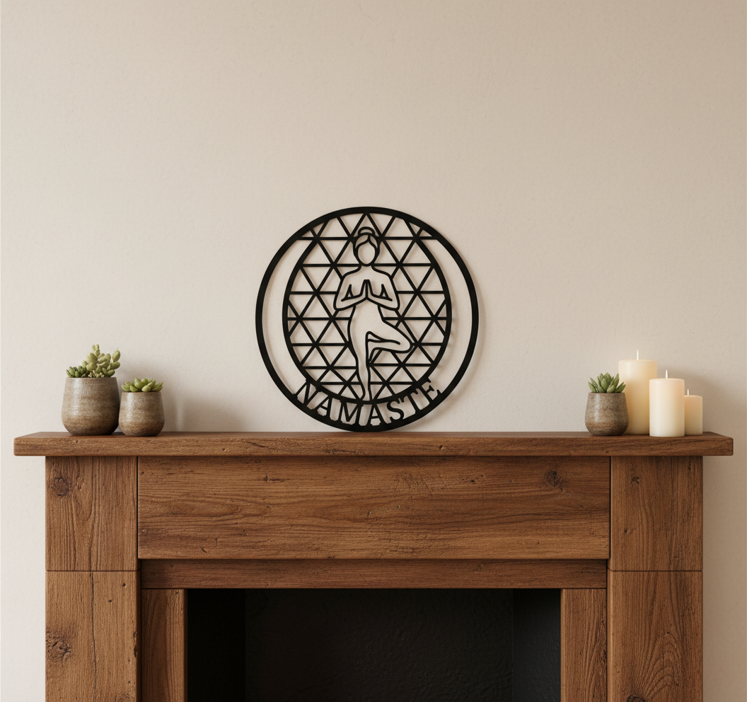 Namaste Yoga Baumpose mit heiliger Geometrie Metallschild rund – Bild 5