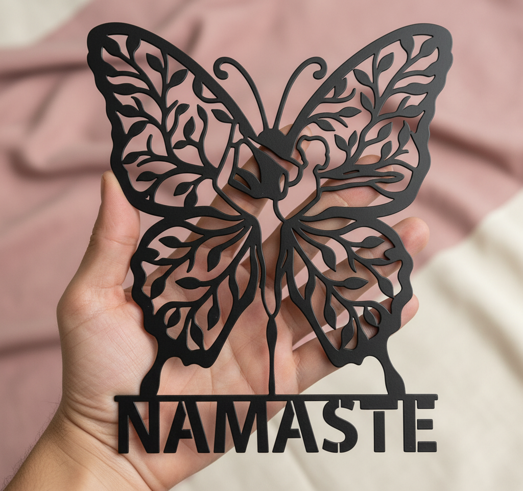 Yoga Wanddeko aus Metall mit meditierender Schmetterlingsfigur und Namaste – Bild 2