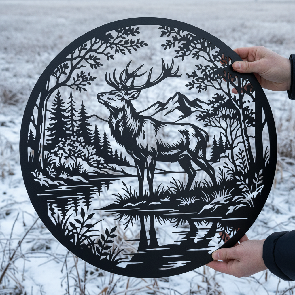 Majestätischer Hirsch mit großem Geweih vor Wald und Fluss, rundes Metallschild aus Stahl – Bild 5