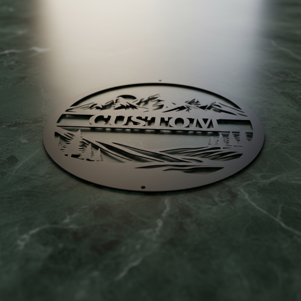 Personalisiertes rundes Metallschild mit Bergen, Sonne und Wald aus schwarzem Stahl – Bild 9