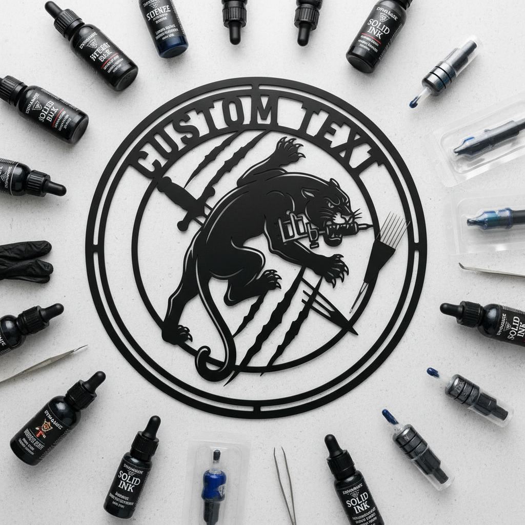 Personalized round tattoo studio sign with panther, tattoo machine and dagger in steel – image 3