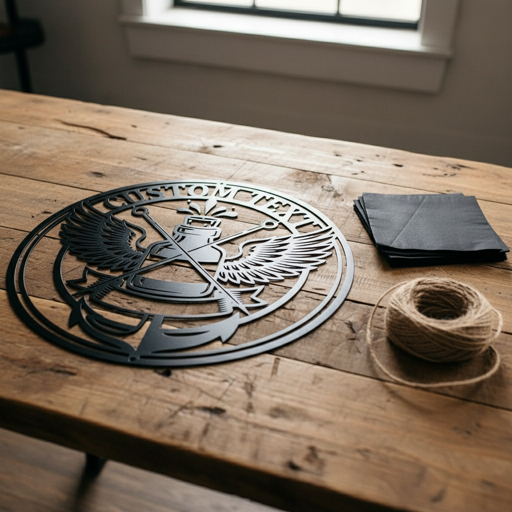 Personalisiertes rundes Tattoo Studio Schild mit Tintenflasche, Flügeln und Anker aus Stahl – Bild 6