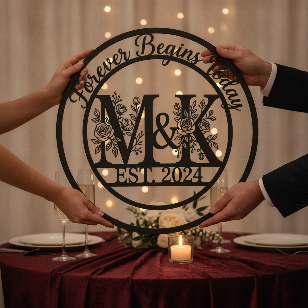 Personalisiertes Hochzeitsschild Forever Begins Today mit Monogramm, Namen und Datum – Bild 3