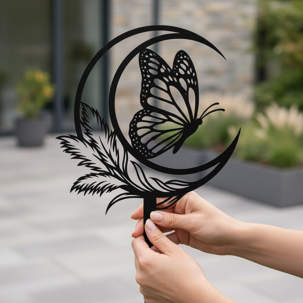 Butterfly with crescent moon and feather garden stake in black steel – image 5